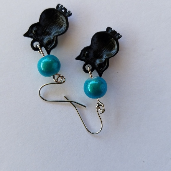 Hand Crafted Earrings Crystal-eyed Owl Dangle Aqua/Black Beaded 1.25” Pierced - Picture 2 of 6